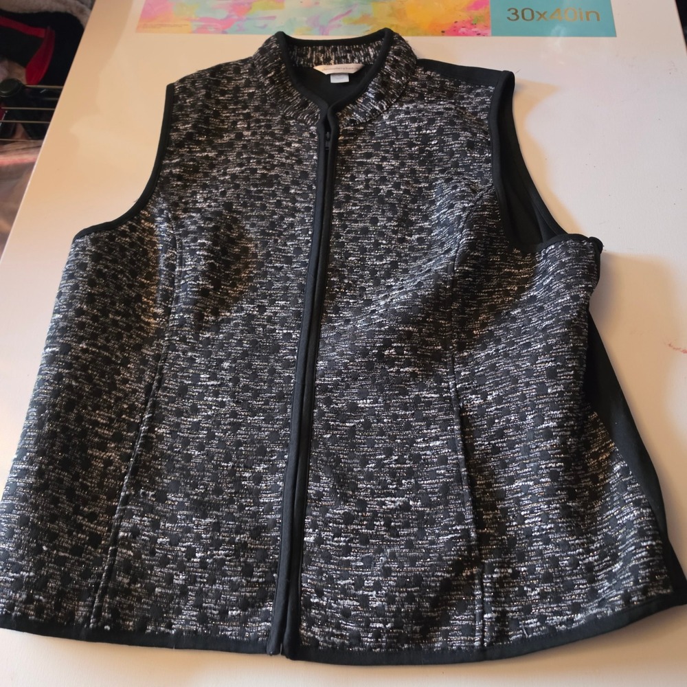 Christopher & Banks Women Black White Boucle Zip Front Mock Neck Vest XL 14014